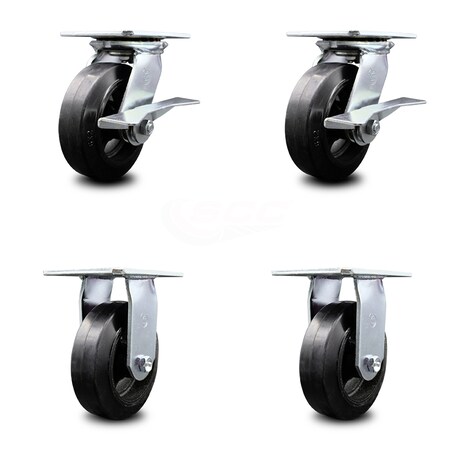 Service Caster 6 Inch Rubber on Steel Caster Set with Roller Bearing 2 Brakes and 2 Rigid SCC SCC-35S620-RSR-SLB-2-R-2